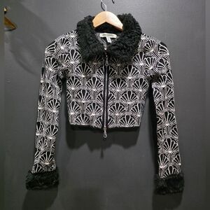 URBAN OUTFITTERS Uo Hallie Faux Fur-trim Jacquard Cardigan Size Small Crop